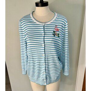 Talbots Cardigan Sweater LG Cotton Flamingo Blue White Beach Cruise 3/4 Sleeves